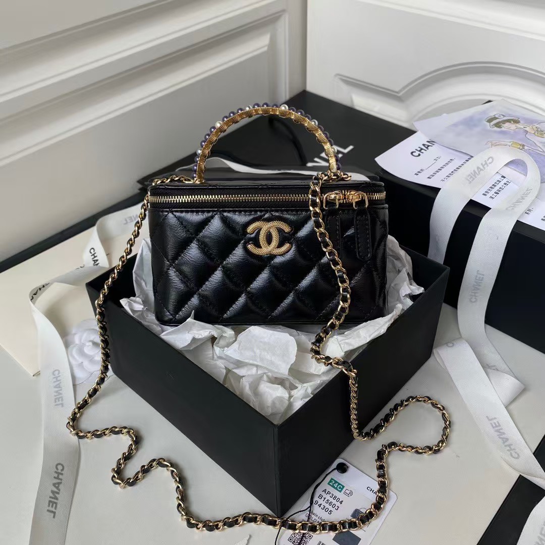 Chanel AP3804 Clutch Lambskin Cosmetic Bag With Pearl Handle Black