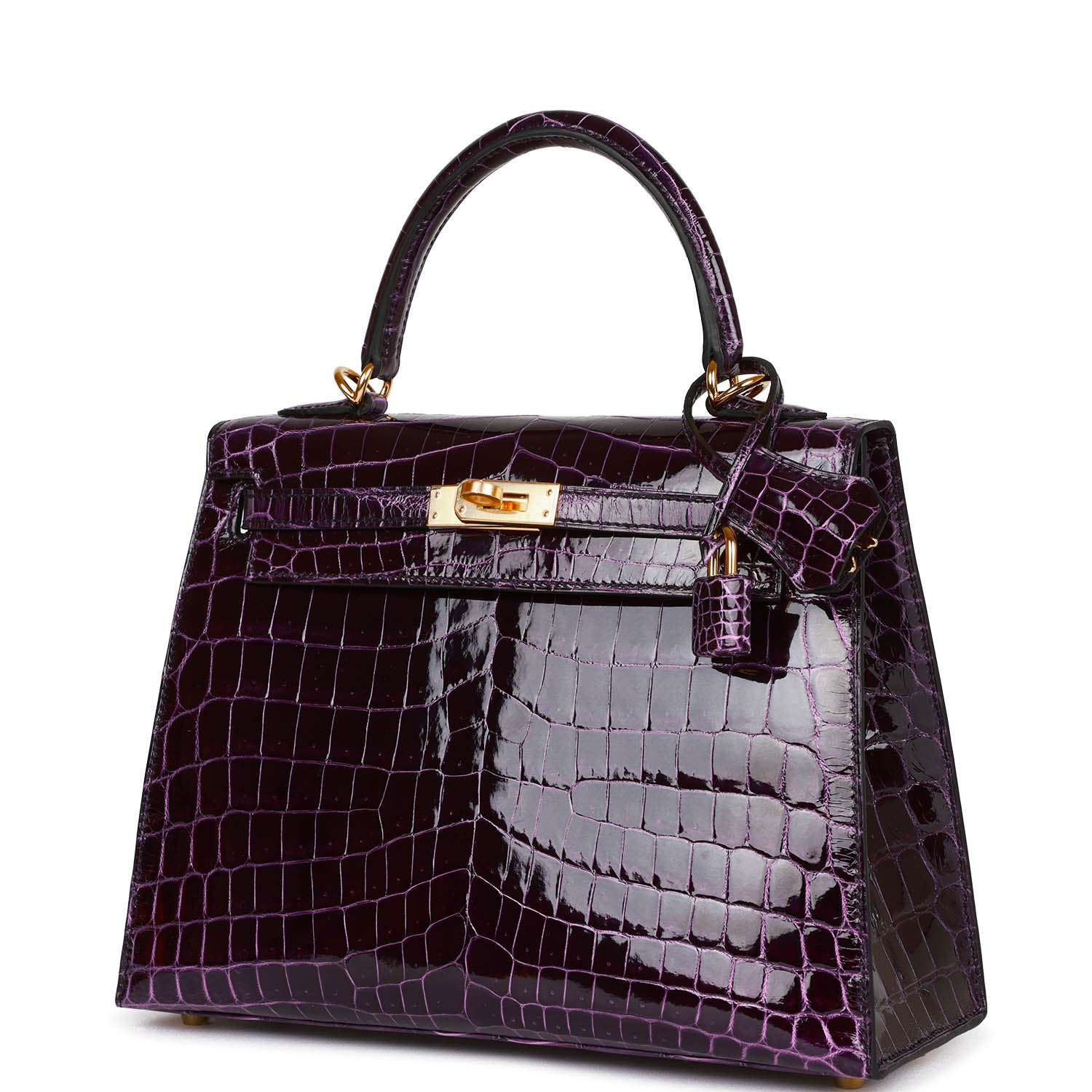 Hermès Kelly Sellier 25 Aubergine Shiny Niloticus Crocodile Gold Hardware