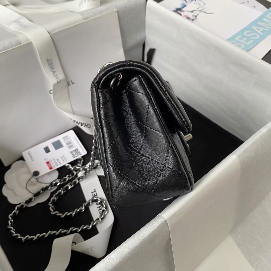 Chanel 23K AS1787 Mini Pearl Embossed Rectangular Flap Bag Lambskin Brushed Silver Metal Hardware Black