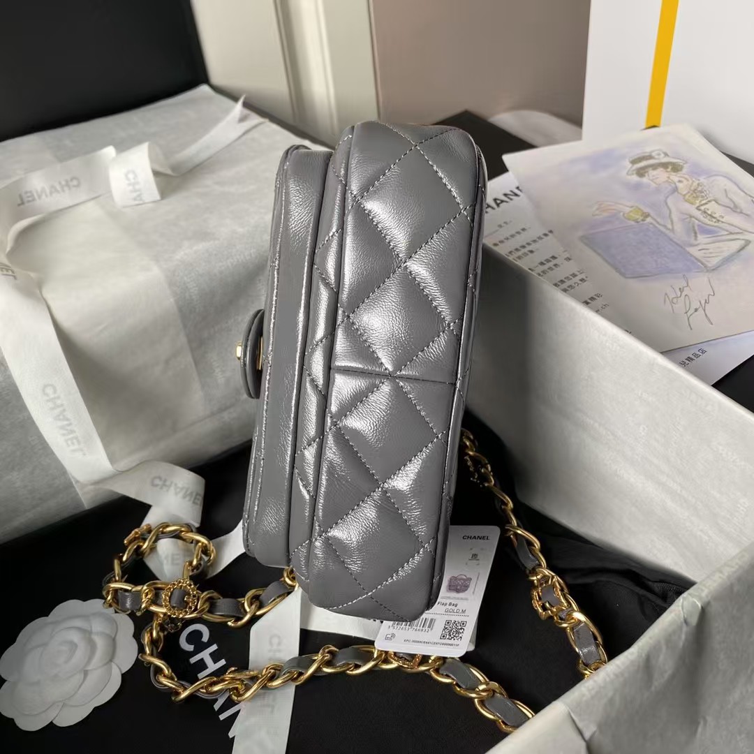 Chanel 24A AS4992 Mini Shiny Lambskin Flap Bag with Top Handle Grey