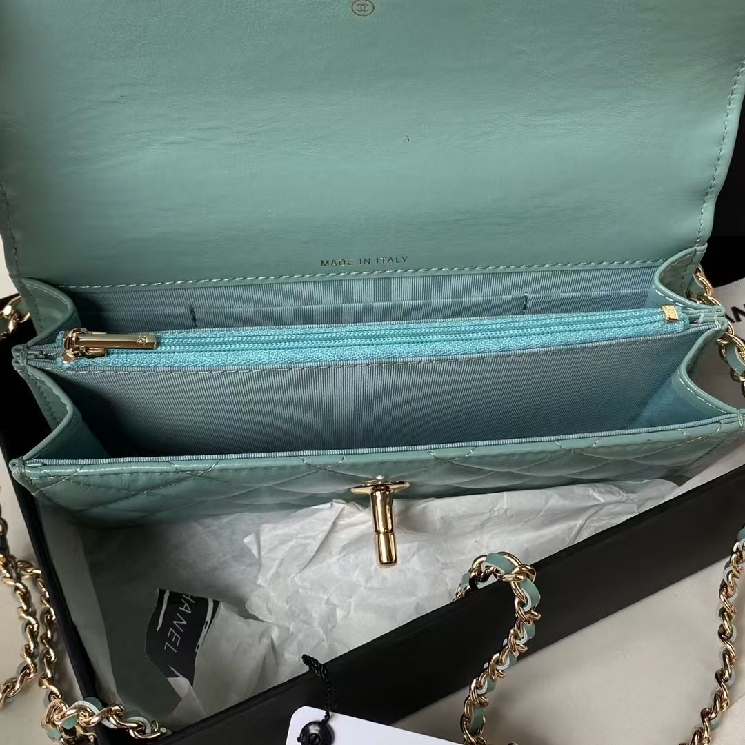 Chanel 24P AP3803 Shiny Crinkled Lambskin Chain Clutch Pearl Handle Green